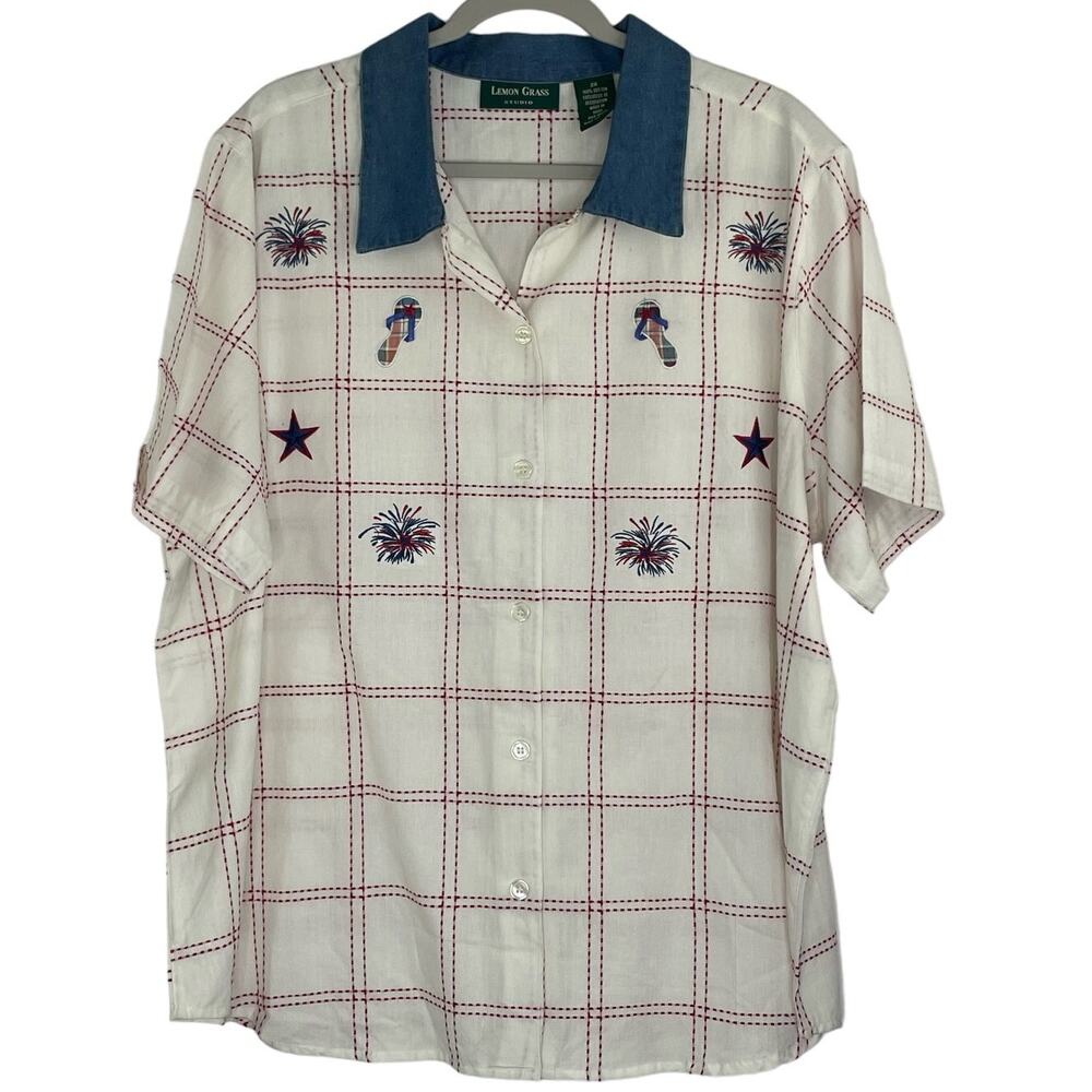 Lemon Grass Studio short sleeve button down embroidered size 2X 4th of July